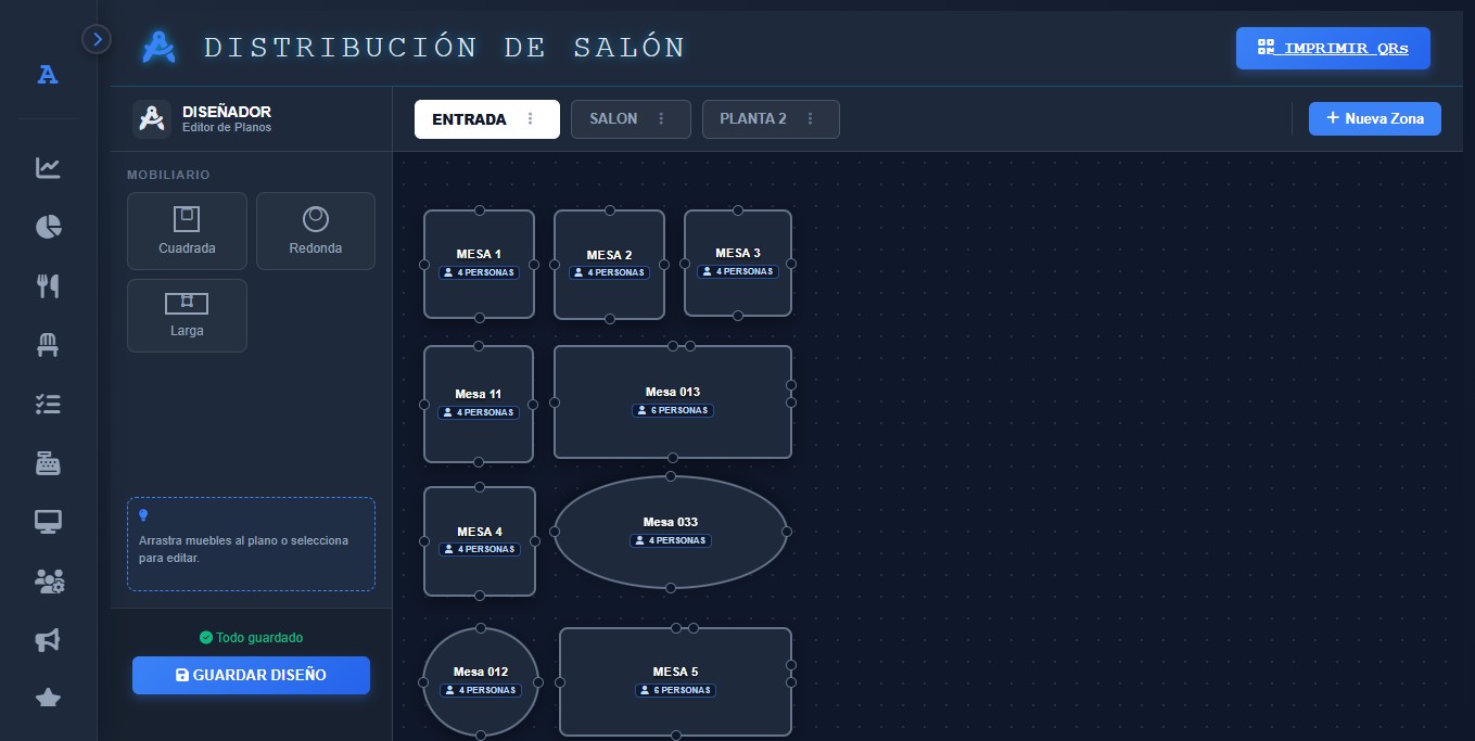 Plano interactivo de mesas del restaurante mostrando mesas ocupadas, libres y reservadas
